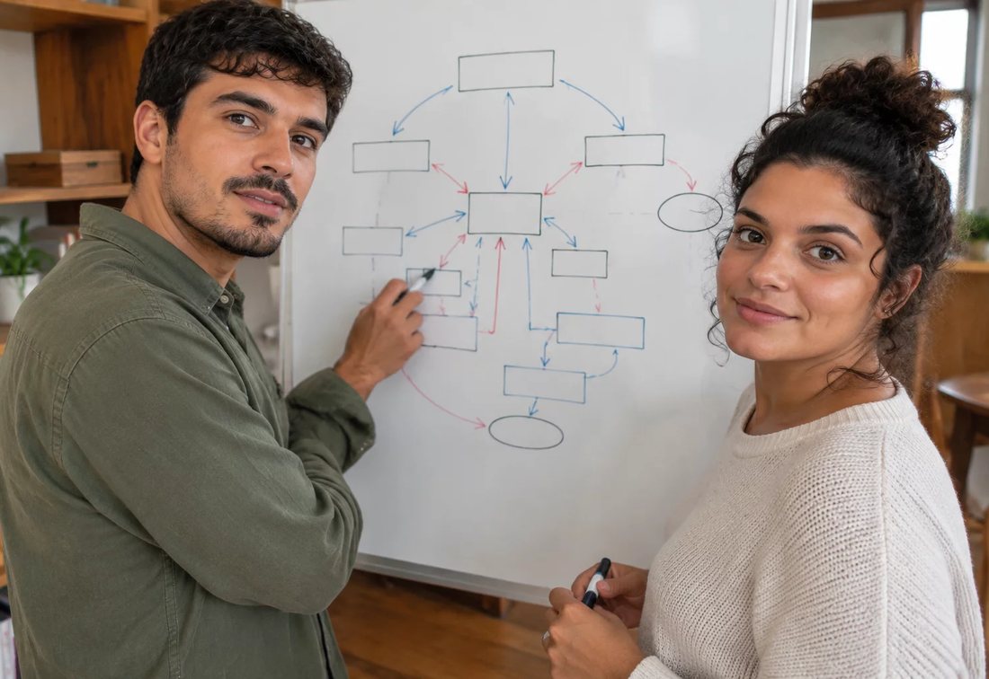 Dupla desenhando no quadro branco a estrutura de uma tese